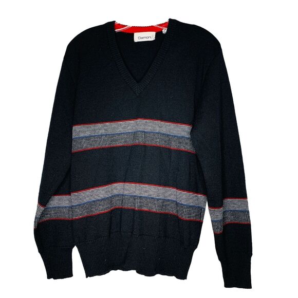vintage 90s all wool sweater V neck stripes black red Damon size medium men - Picture 7 of 7